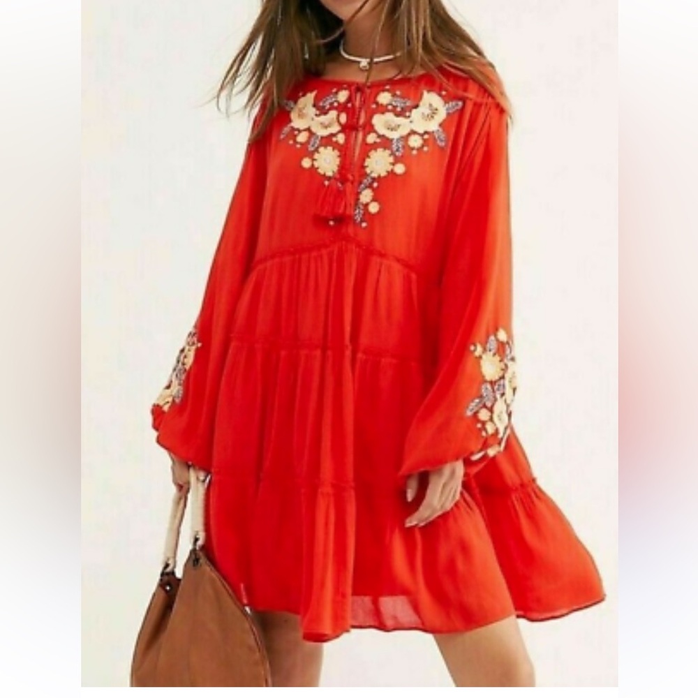 Free People Spell On You Embroidered Oversized Tiered Mini Dress Size XS